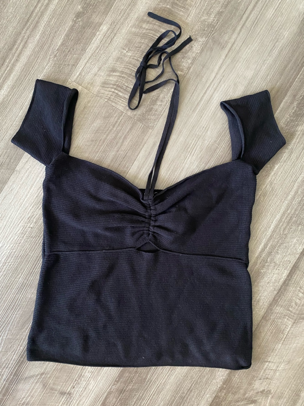 Express Black Ruched Front Off-Shoulder Crop Top